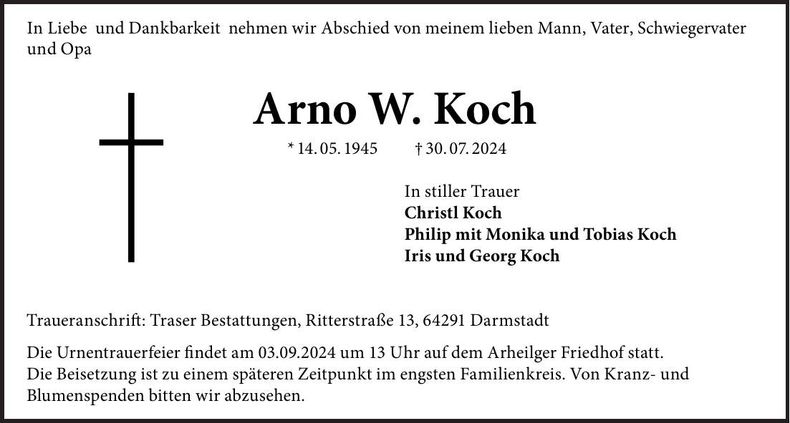 Traueranzeige Arno W. Koch