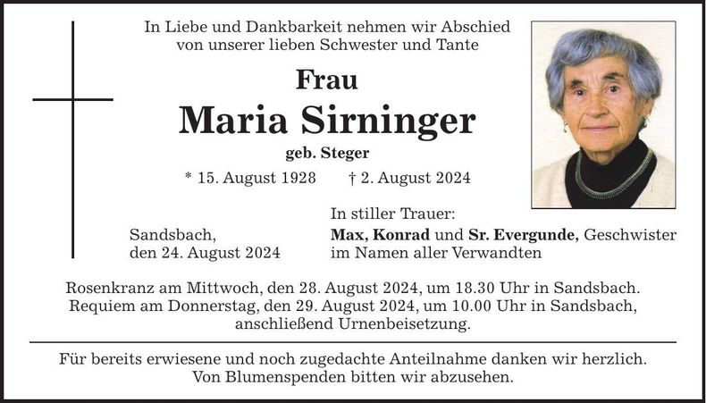 Traueranzeige Maria Sirninger