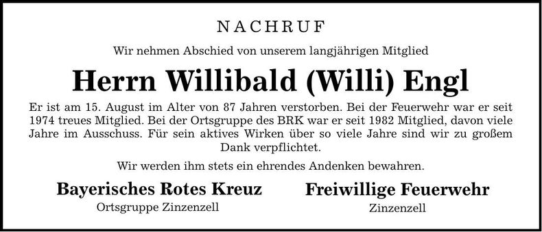 Traueranzeige Willibald Engl