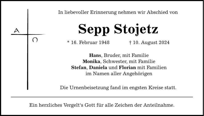 Traueranzeige Josef Stojetz