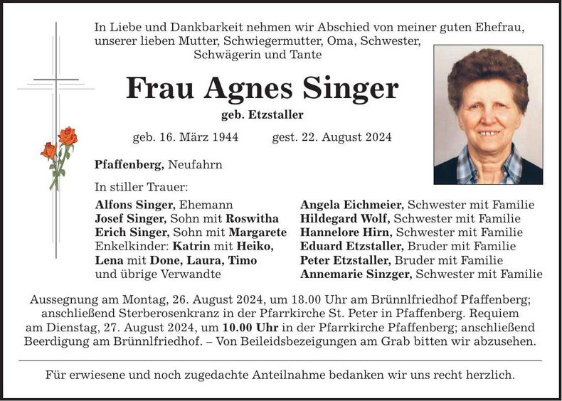 Traueranzeige Agnes Singer
