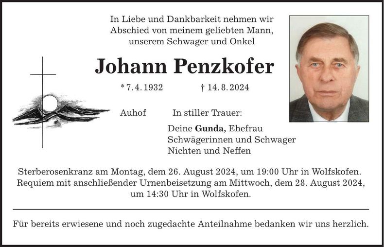 Traueranzeige Johann Penzkofer