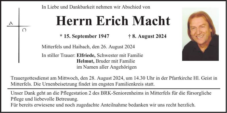 Traueranzeige Erich Macht