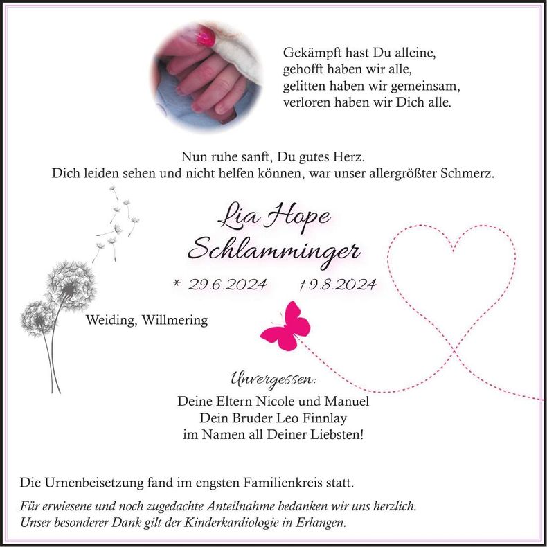 Traueranzeige Lia Hope Schlamminger