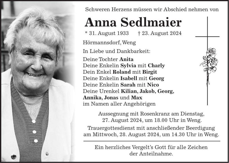 Traueranzeige Anna Sedlmaier