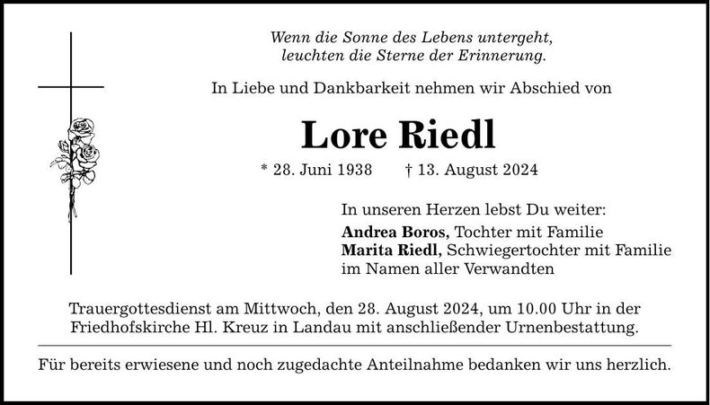 Traueranzeige Lore Riedl
