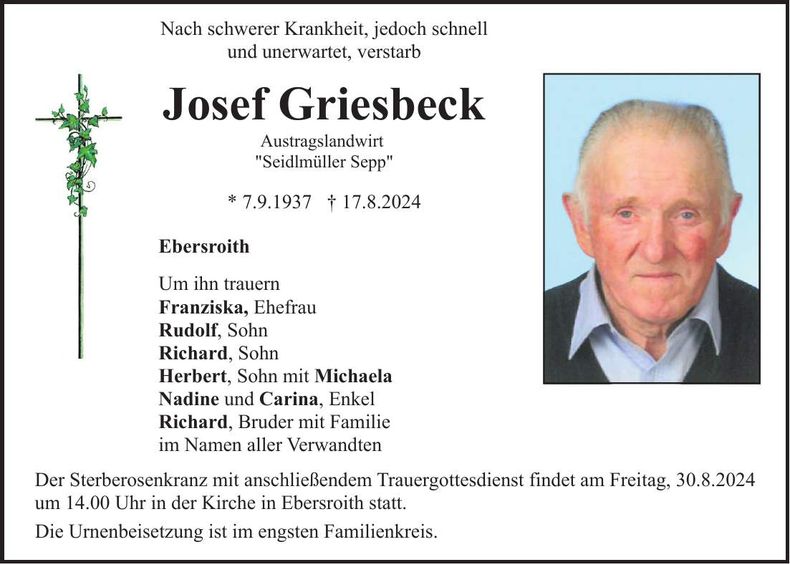 Traueranzeige Josef Griesbeck