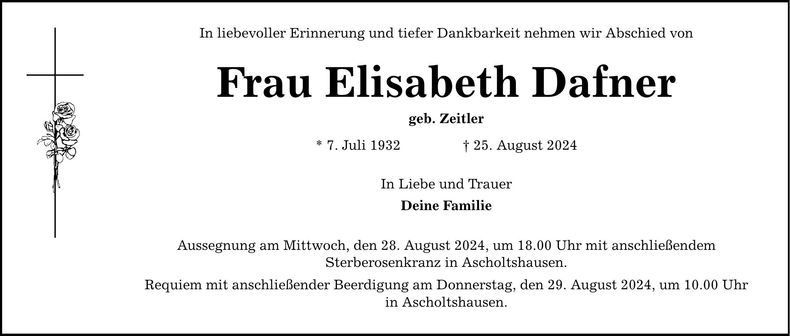 Traueranzeige Elisabeth Dafner