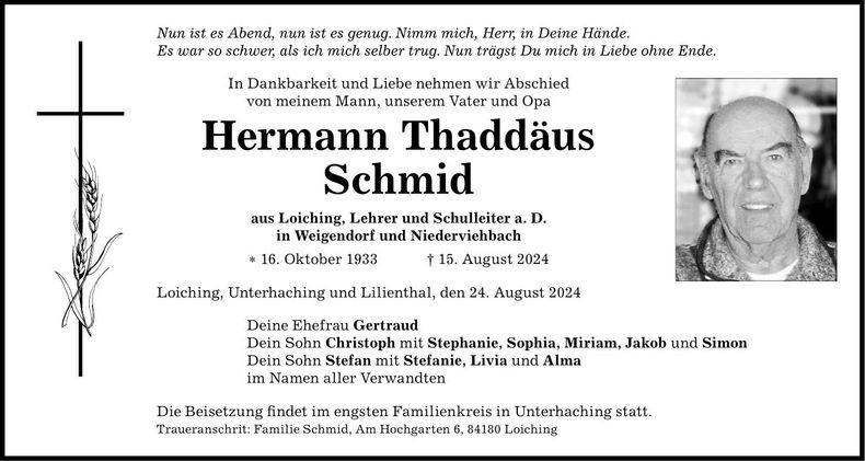 Traueranzeige Hermann Thaddäus Schmid