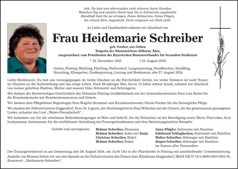 Traueranzeige Heidemarie Schreiber
