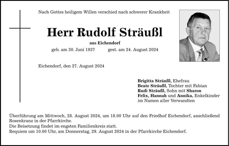 Traueranzeige Rudolf Sträußl