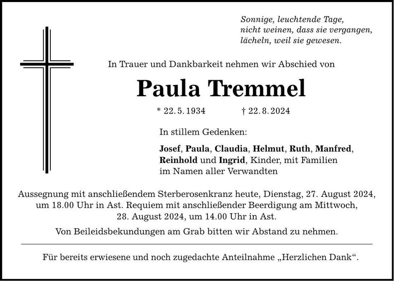 Traueranzeige Paula Tremmel