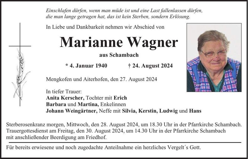Traueranzeige Marianne Wagner