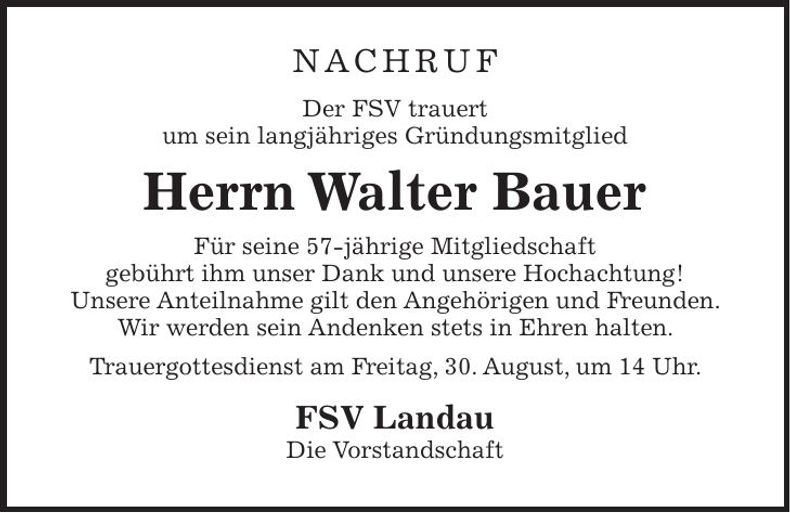 Traueranzeige Walter Bauer