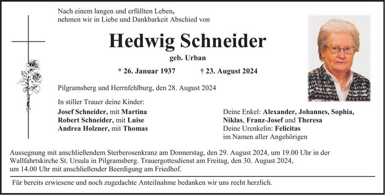 Traueranzeige Hedwig Schneider