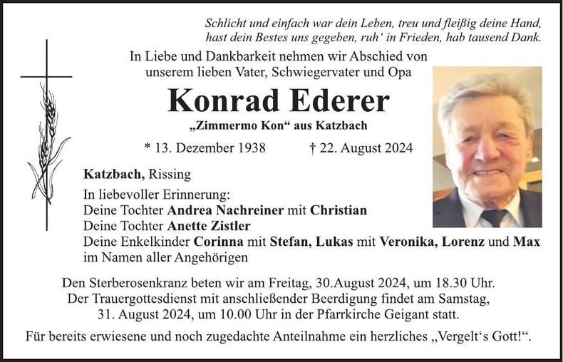 Traueranzeige Konrad Ederer