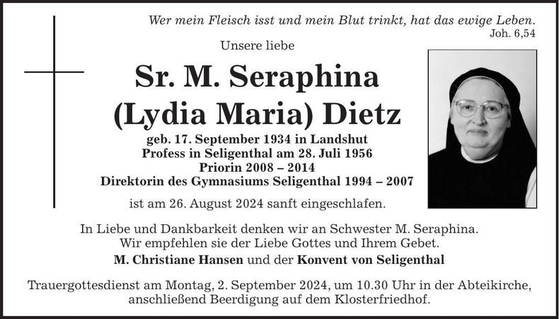 Traueranzeige Sr. M. Seraphina (Lydia Maria) Dietz