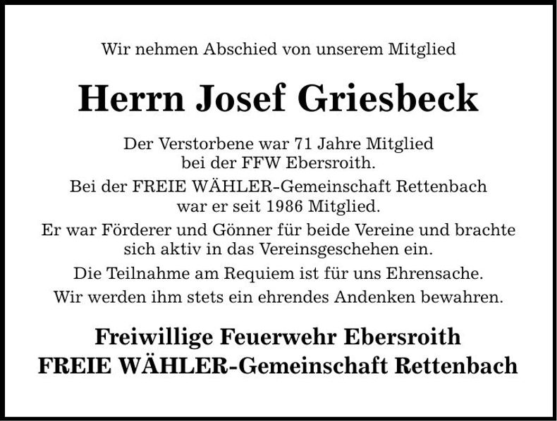 Traueranzeige Josef Griesbeck