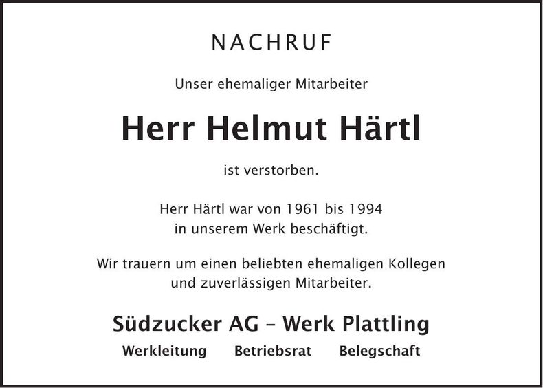 Traueranzeige Helmut Härtl
