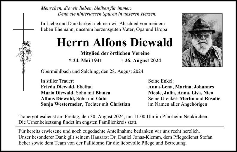 Traueranzeige Alfons Diewald