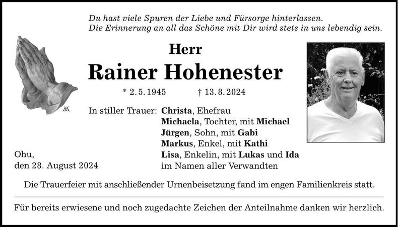 Traueranzeige Rainer Hohenester