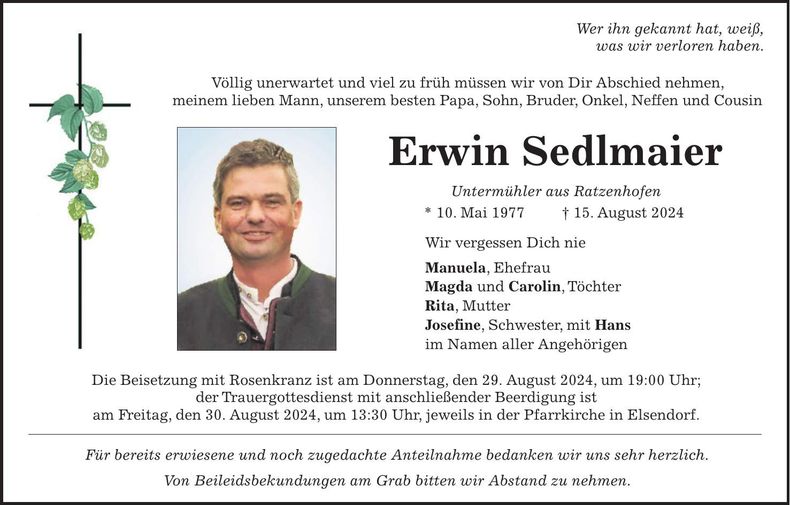 Traueranzeige Erwin Sedlmaier