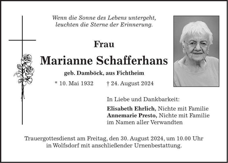 Traueranzeige Marianne Schafferhans