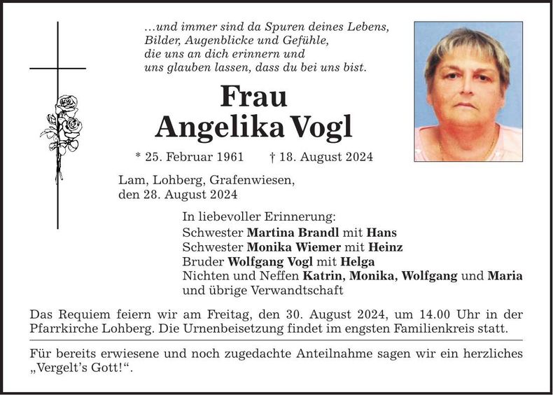 Traueranzeige Angelika Vogl