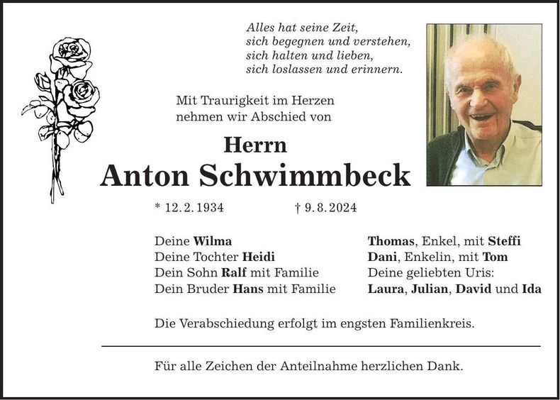 Traueranzeige Anton Schwimmbeck