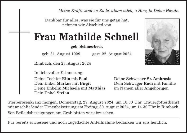 Traueranzeige Mathilde Schnell