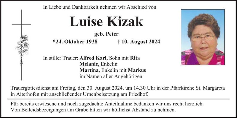 Traueranzeige Luise Kizak