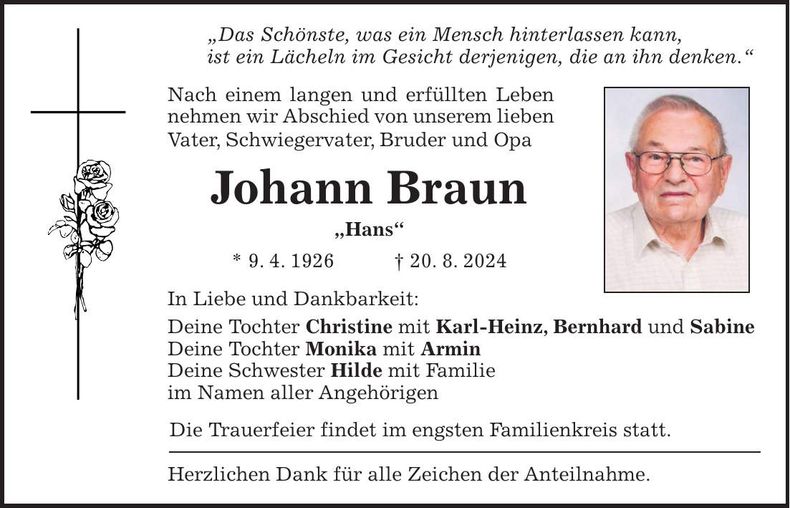 Traueranzeige Johann Braun