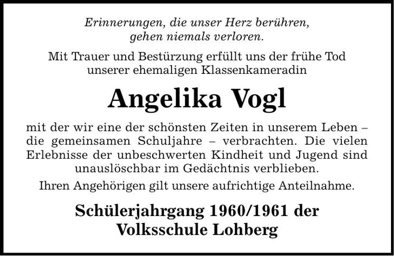 Traueranzeige Angelika Vogl