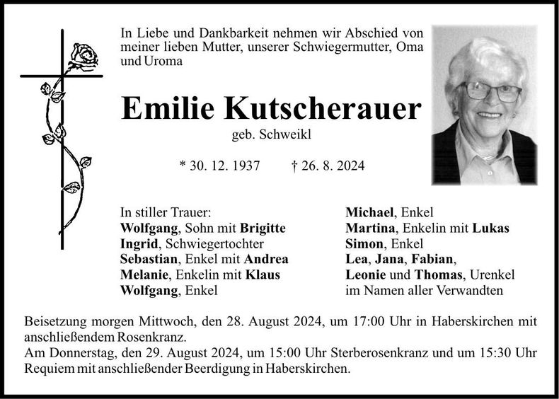 Traueranzeige Emilie Kutscherauer