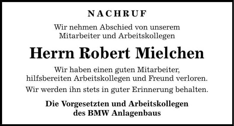 Traueranzeige Robert Mielchen
