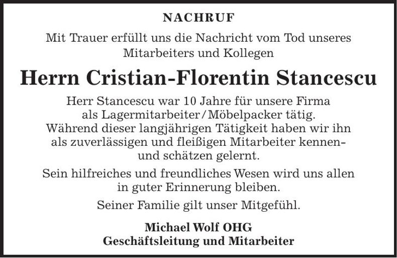 Traueranzeige Cristian-Florentin Stancescu