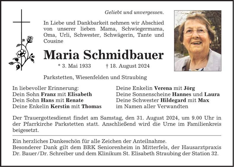 Traueranzeige Maria Schmidbauer