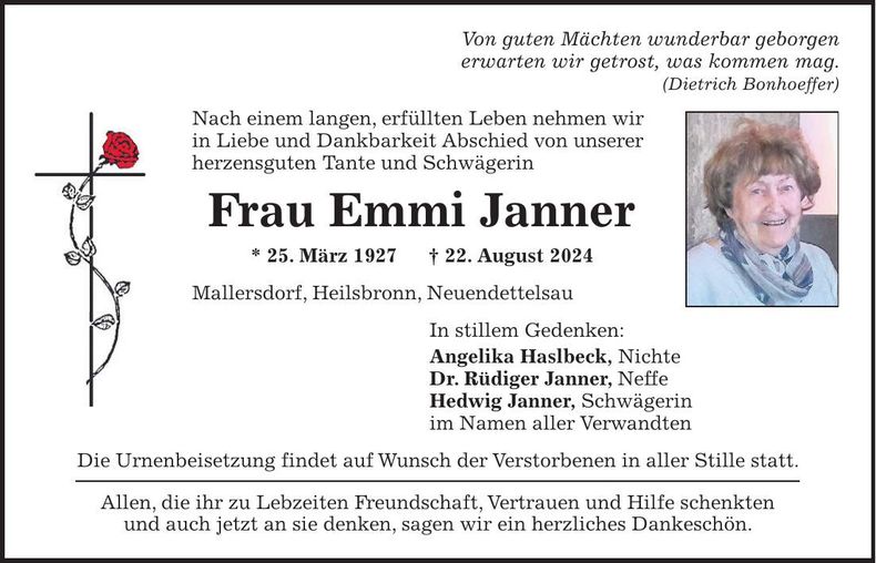 Traueranzeige Emmi Janner