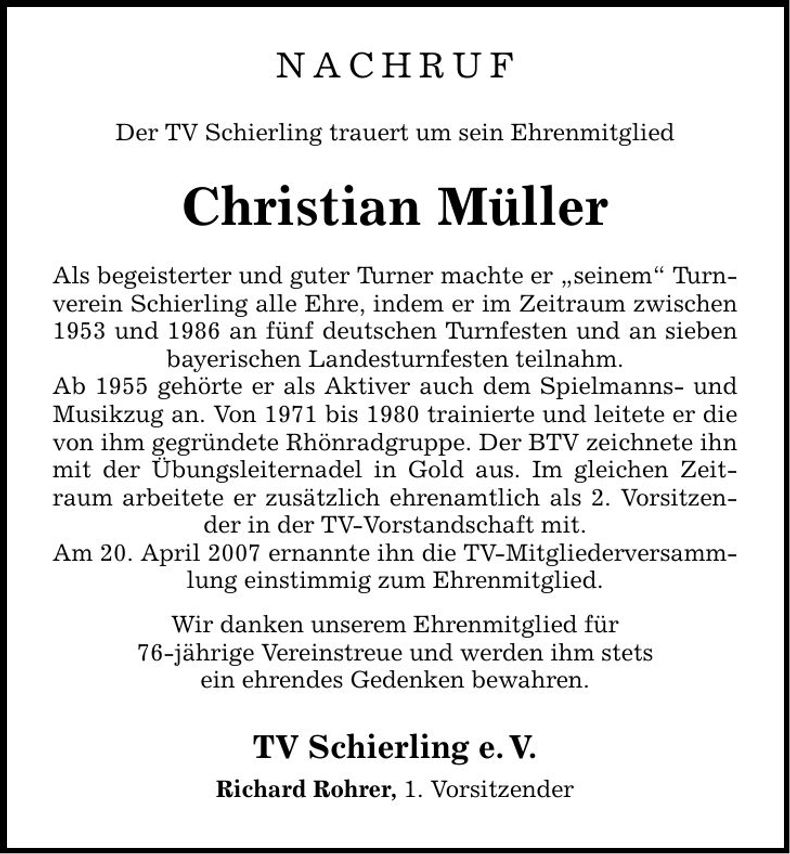 Traueranzeige Christian Müller