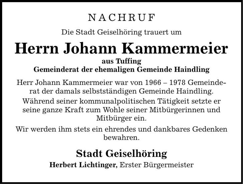 Traueranzeige Johann Kammermeier