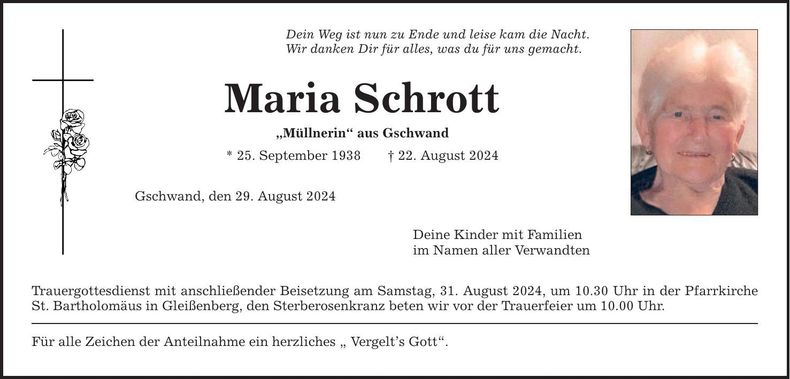 Traueranzeige Maria Schrott