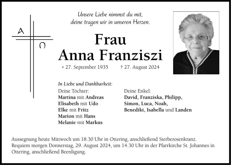 Traueranzeige Anna Franziszi