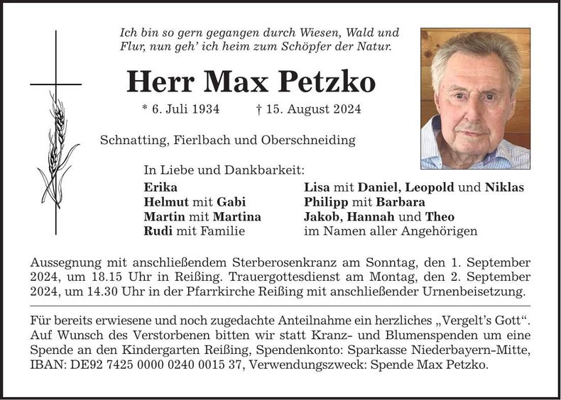 Traueranzeige Max Petzko