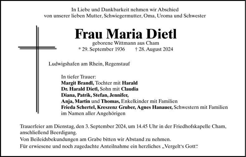 Traueranzeige Maria Dietl