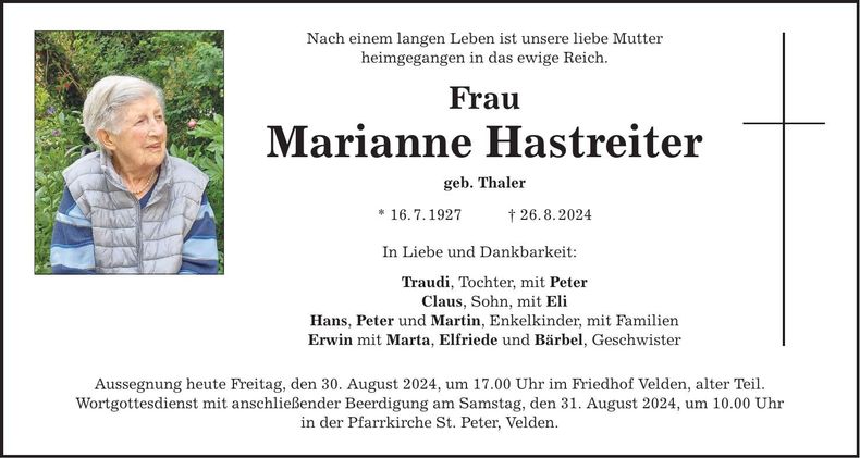 Traueranzeige Marianne Hastreiter