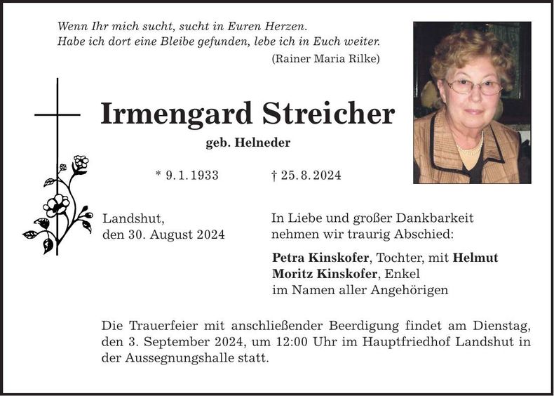Traueranzeige Irmengard Streicher