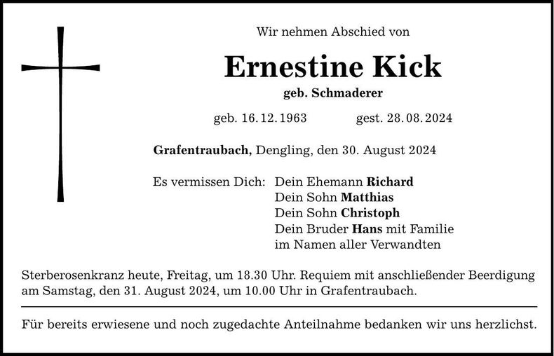 Traueranzeige Ernestine Kick