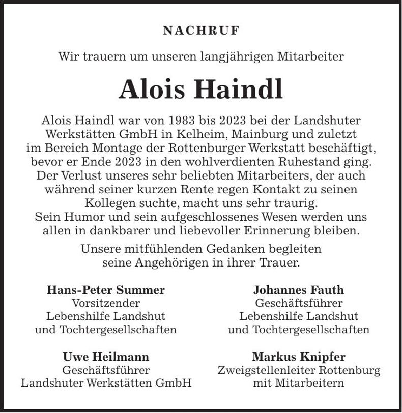 Traueranzeige Alois Haindl