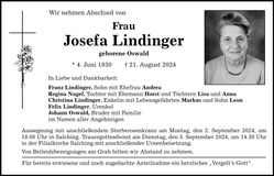 Traueranzeige Josefa Lindinger