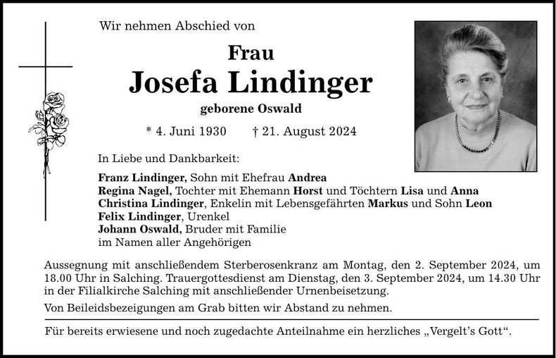 Traueranzeige Josefa Lindinger